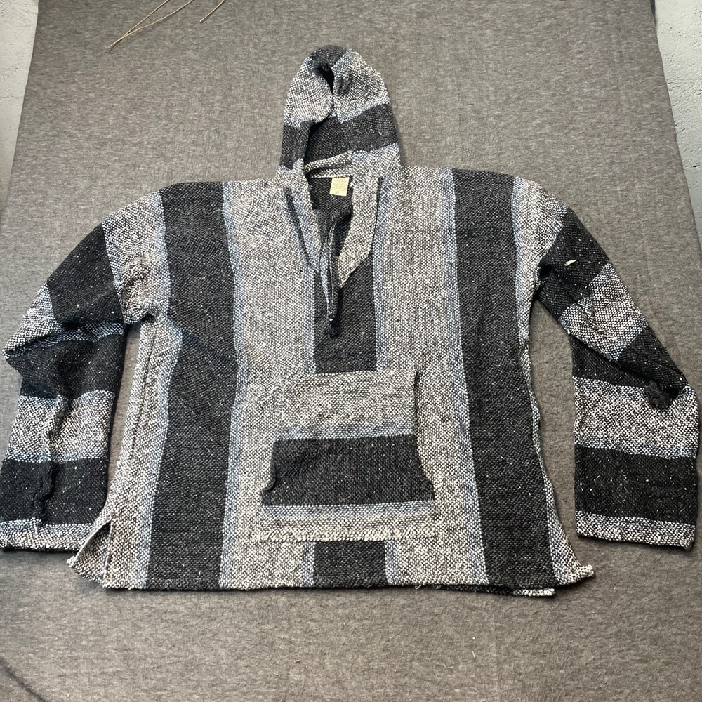 Vintage Mexican Poncho Mens XL Baja Hoodie Black Gray‎ Striped Casual Surfer
